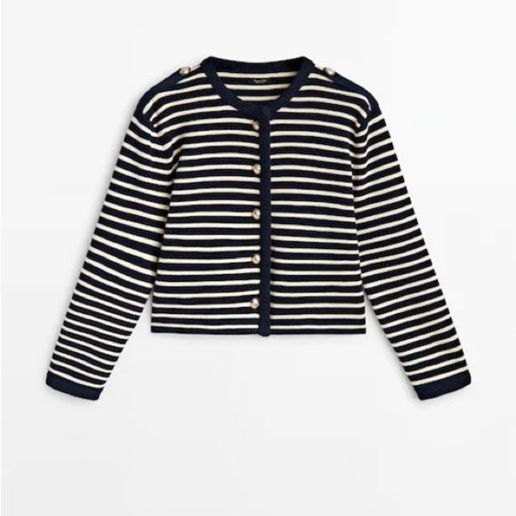 NWT. Massimo Dutti Navy Blue/Ecru Striped Gold-Toned Buttons Cardigan. Size M. - Picture 6 of 8